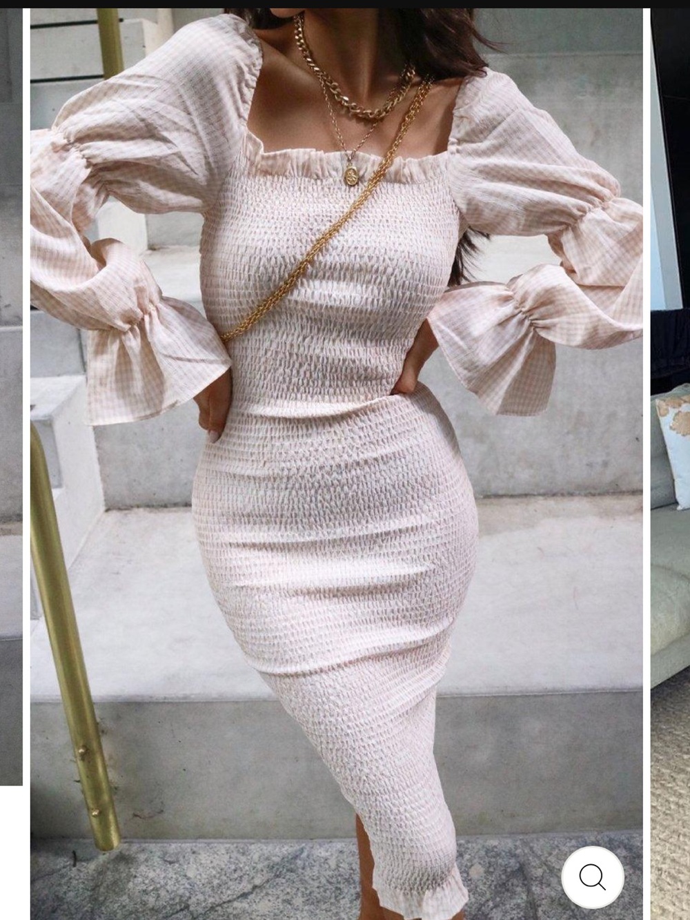 JAUS Smocked Puff-Sleeve Midi Dress in Cream Gingham